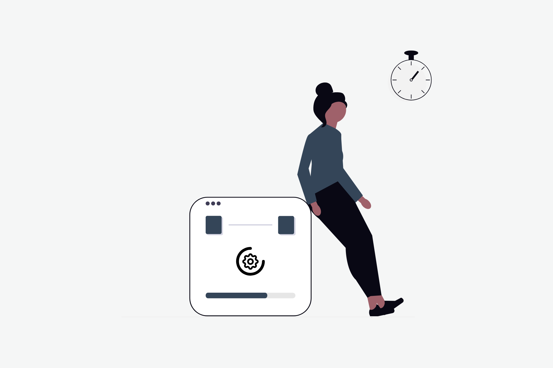 A senior manager leaning against a box with a timer representing them considering pressing issues