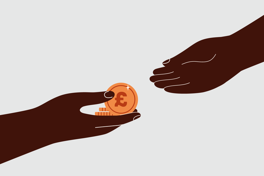 One hand passing the other hand money, with a light grey background