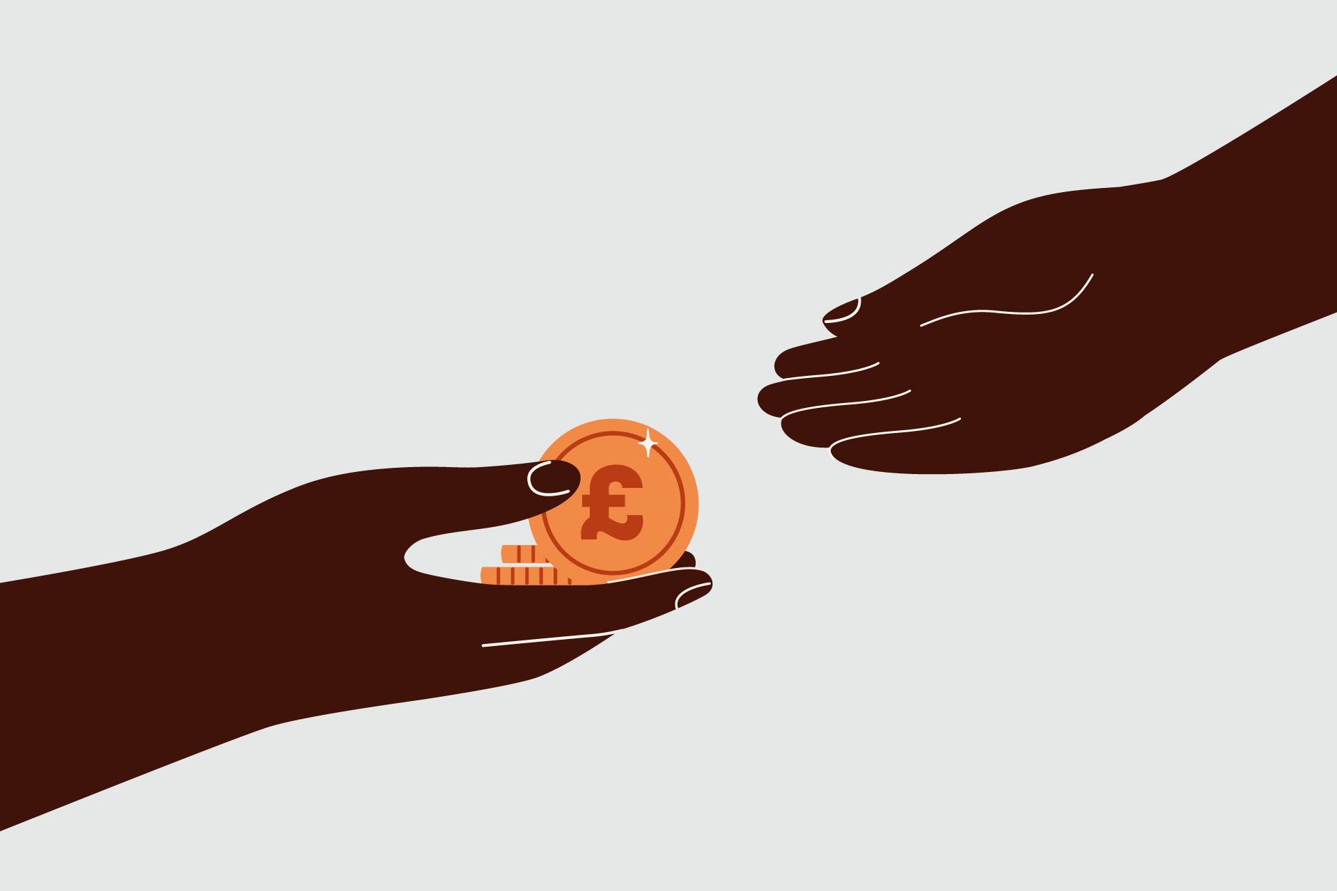 One hand passing the other hand money, with a light grey background