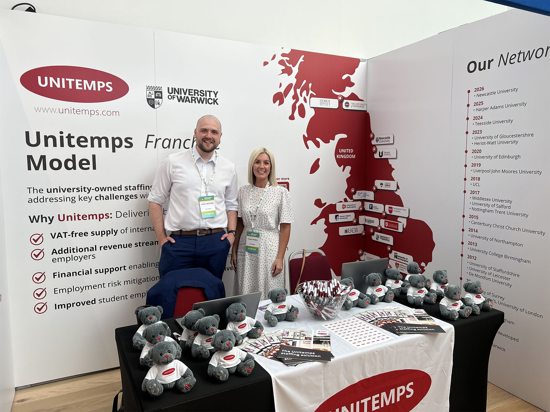 James and Hannah from the Unitemps Franchise team at the CUBO event stood behind their event display