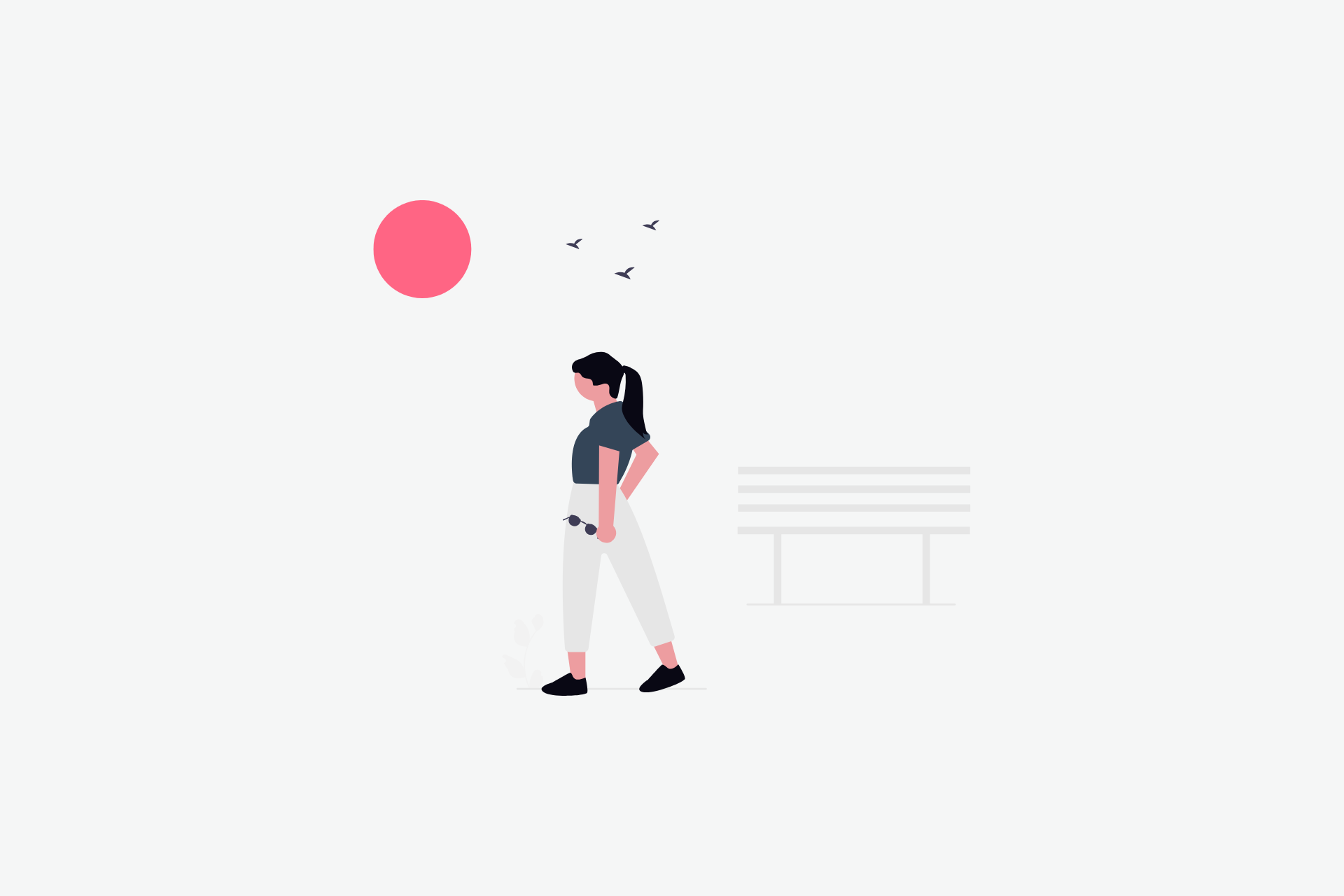 A illustration of a women walking with a sun a bench in the background