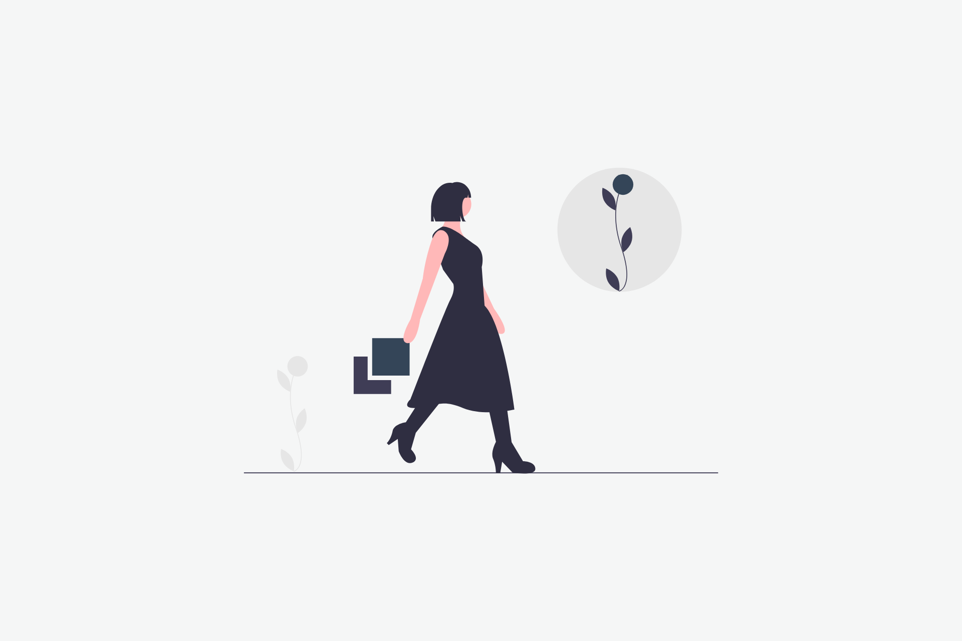 An illustration of a business woman walking with illustrations of a flower to represent art
