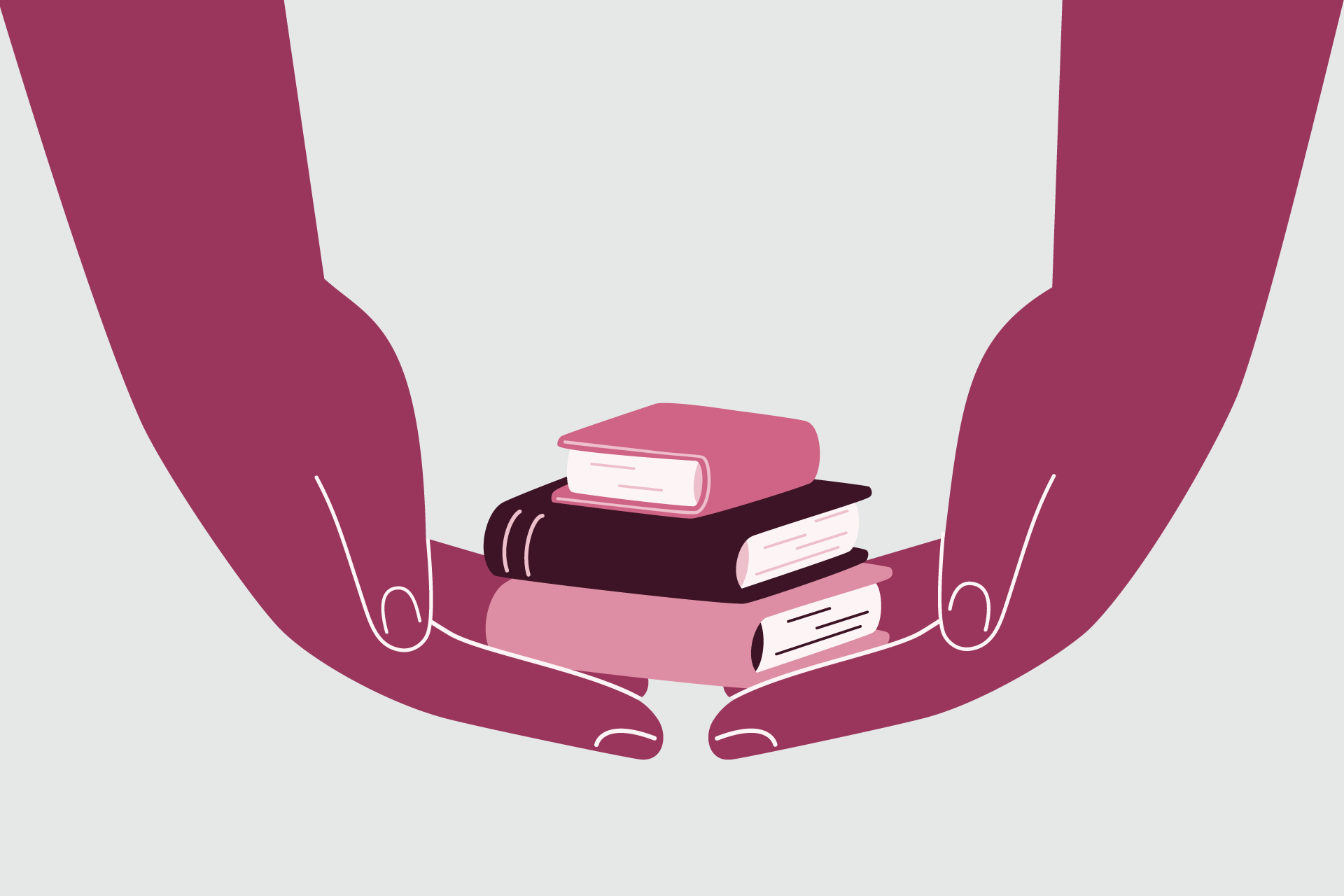 Two large hands gently cup around a stack of three books, with a light grey background.